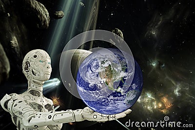 Robot and planet earth Stock Photo