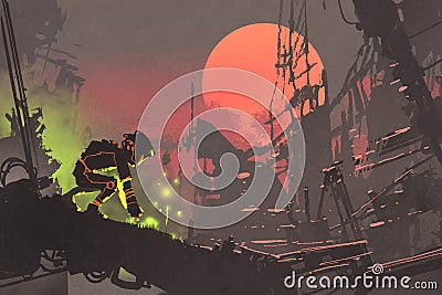 The robot planting seeds in the ruin city at sunset Cartoon Illustration