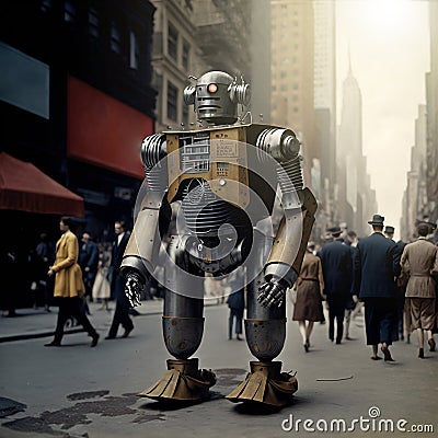 Robot playing in a futuristic city, steam punk, mecanic. Futuristic plot, a old robot in the city. Stock Photo