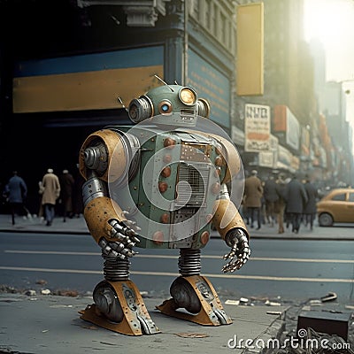 Robot playing in a futuristic city, steam punk, mecanic. Futuristic plot, a old robot in the city. Stock Photo