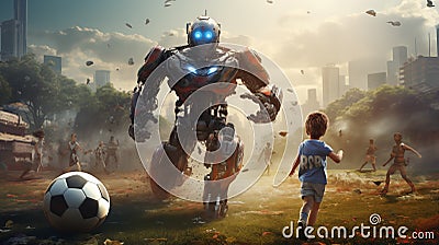 Robot playing soccer with children, urban background, dramatic sky. Futuristic. AI Generated Stock Photo