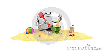 Robot plays in the sand with toys Cartoon Illustration