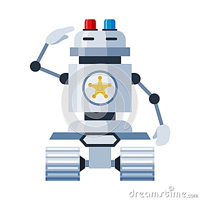 Robot police officer cartoon icon. Electronic copper on wheels with warning flashing lights. Vector Illustration