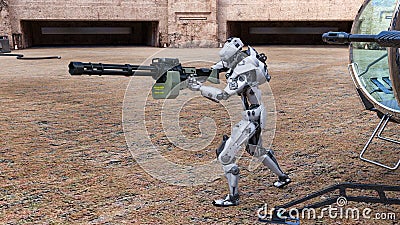 Robot police officer with large cannon explores abandoned buildings. Cartoon Illustration