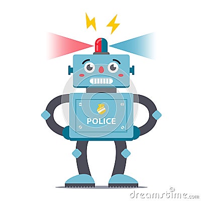 Robot policeman on a white background in full growth. Cartoon Illustration