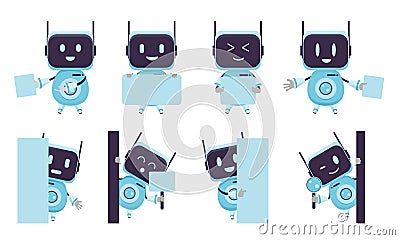 Robot presentation characters vector set. Robotic chat bot character with presenting and showing gestures. Vector Illustration