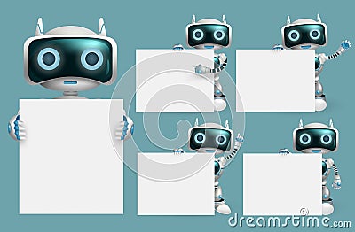 Robot presentation characters vector set. Robots character presenting and holding white board element with modern robotic post. Vector Illustration