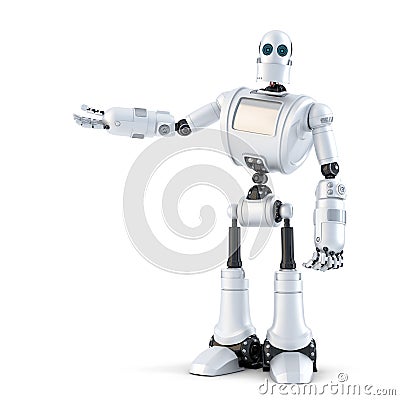 Robot presenting an invisible object. . Contains clipping path Stock Photo