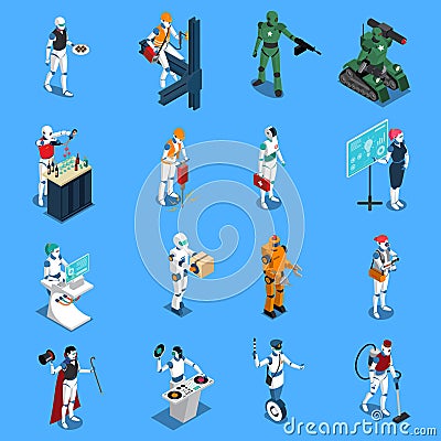 Robot Professions Isometric Set Vector Illustration