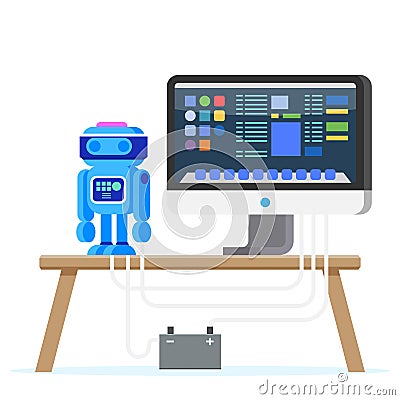 Robot Programming Flat Illustration. Engineering. Vector Illustration