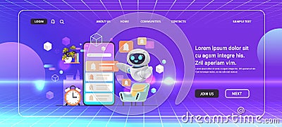 robot programming time reminder alarm on smartphone screen artificial intelligence technology metaverse Vector Illustration