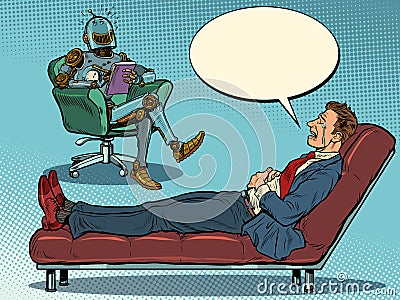 A robot psychotherapist at a psychotherapy session with a patient, laughs and listens to a businessman, sits in a chair Vector Illustration