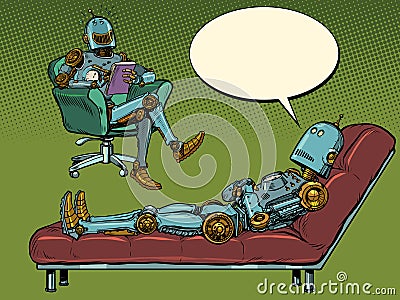 A robot psychotherapist at a psychotherapy session with a patient, listens to the robot, laughs and makes notes in a Vector Illustration