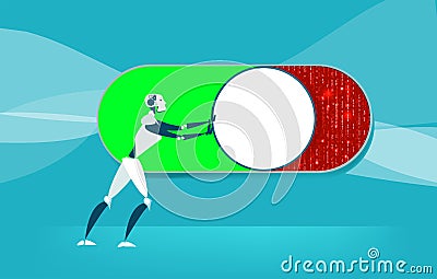 Robot Push button to the right as symbol of start, new business and progress control Cartoon Illustration
