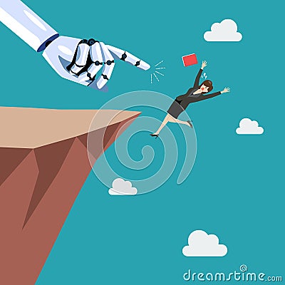 Robot pushing business woman fall into the abyss Vector Illustration