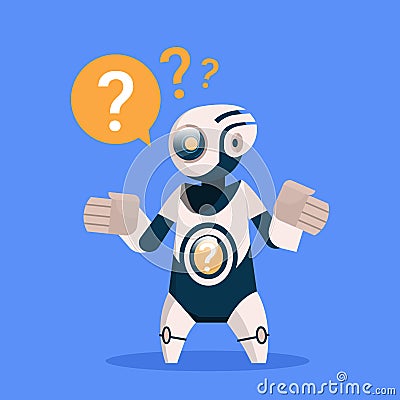 Robot With Question Mark Cyborg Isolated On Blue Background Concept Modern Artificial Intelligence Technology Vector Illustration