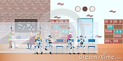 Robot Queue in Modern Office Wait Job Interview Vector Illustration