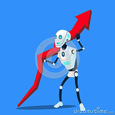 Robot Raises Up Business Trend Chart Vector. Isolated Illustration Vector Illustration