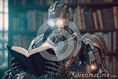 The robot is reading a book in the library.The concept of a robot feeling like a human.Photorealistic shot generated by AI Stock Photo