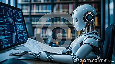 Robot reading in library, studying data and information Stock Photo