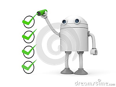 Robot and red checkmarks. Checklist metaphor Cartoon Illustration