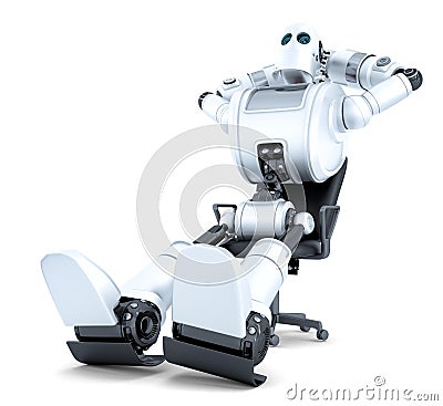 Robot relaxing in office chair. . Contains clipping path Stock Photo