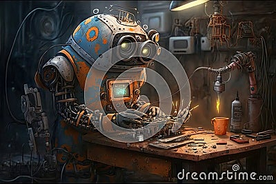 Robot repairing a mechanism in an old factory Cartoon Illustration