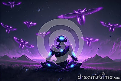 Robot resting on purple field while interacting with luminous butterflies. illustration painting Cartoon Illustration