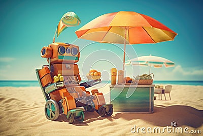 The robot is resting on a sunbed near the sea drinking drinks Stock Photo