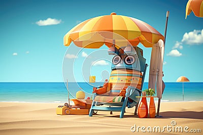 The robot is resting on a sunbed near the sea drinking drinks Stock Photo