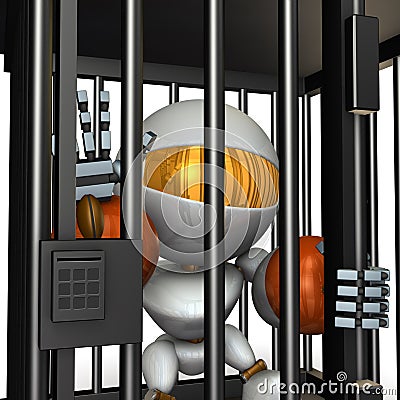 Robot restrained by prison. He is shouting false charges. Cartoon Illustration