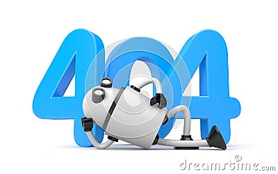 Robot rests next to the numbers 404 - Page Not Found Error 404 Cartoon Illustration
