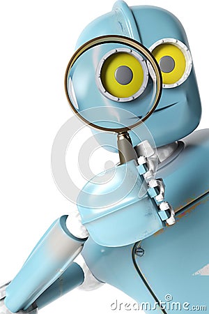 Robot retro looking through a magnifying glass. vintage cyborg Stock Photo