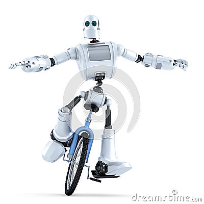 Robot riding unicycle. Technology concept. Isolated. Contains clipping path Stock Photo