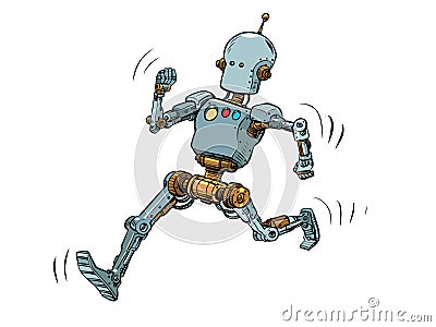 The robot runs along the red carpet. Leader Hero Vector Illustration