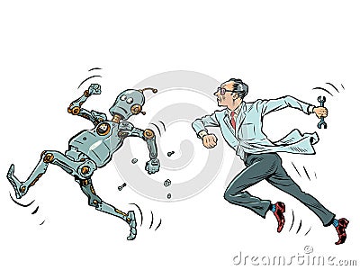 The robot runs away from the scientist man. Artificial intelligence and people concept. Lab Escape Vector Illustration