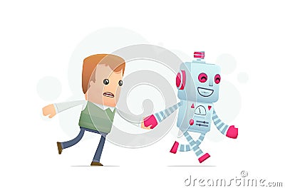 Robot runs with a man Cartoon Illustration