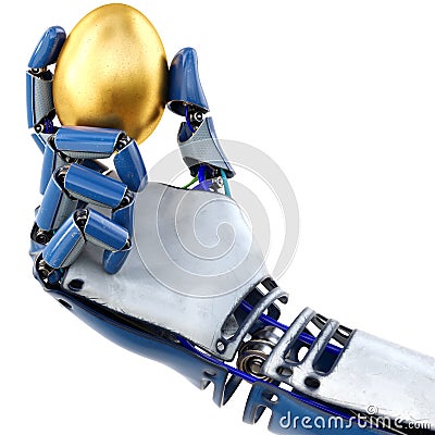 Robot`s hand holding golden egg Stock Photo