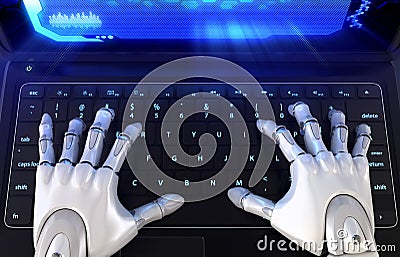 Robot`s hands typing on keyboard Cartoon Illustration