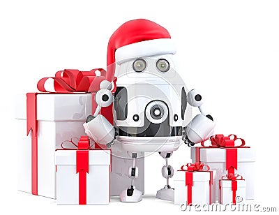 Robot Santa with gift boxes. Christmas concept. Isolated, contains clipping path Stock Photo