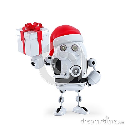 Robot Santa holding a present box Stock Photo