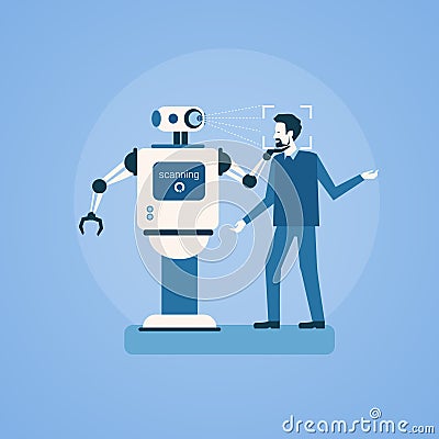 Robot Scanning Man Face Biometric Identification Access Control Technology Recognition System Concept Vector Illustration