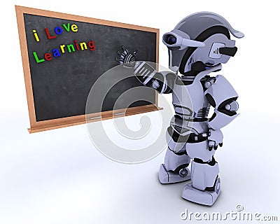 Robot with school chalk board Stock Photo