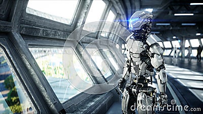 Robot in Sci fi tonnel. Concept of future.. 3d rendering. Stock Photo