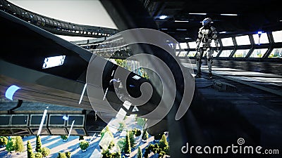 Robot in Sci fi tonnel. Concept of future.. 3d rendering..3d rendering. Stock Photo
