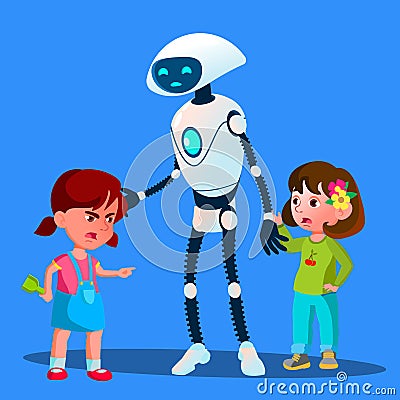 Robot Sets Apart Two Girls Fighting Kids Vector. Isolated Illustration Vector Illustration