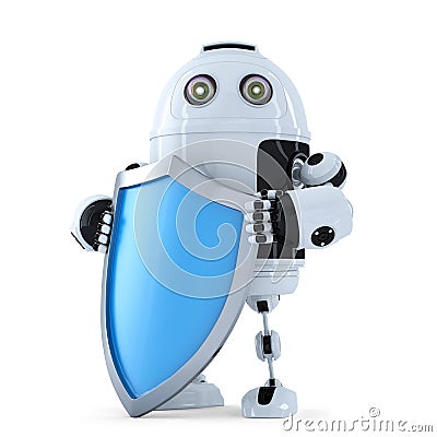 Robot with shielad. Security concept. Isolated. Contains clipping path Stock Photo