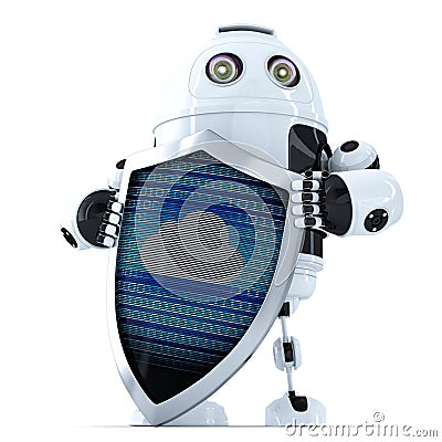 Robot with shield. Cloud Security Concept. Isolated. Contains clipping path Stock Photo