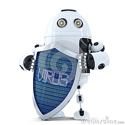 Robot with shield. Virus protection concept. Isolated. Contains clipping path Stock Photo