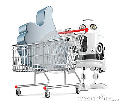 Robot with shopping cart and LIKE symbol. . Contains clipping path. 3d illustration Cartoon Illustration